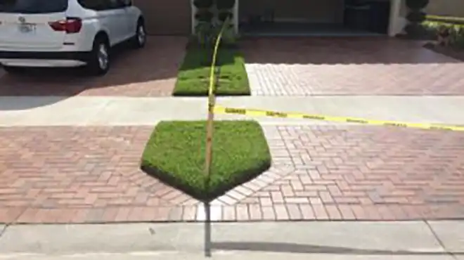 Two sealed brick driveways with center grass divider.