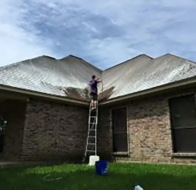 Window Genie service professional washing roof on ladder outside home.