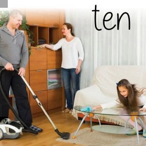 A family cleaning their home.