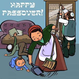 Woman cleaning house, overlaid with text that reads Happy Passover.