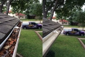 On the left, clogged gutters on a single-family home; on the right, the same gutters cleaned out by Window Genie.