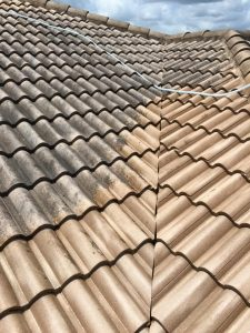 A detailed view of a tiled roof.