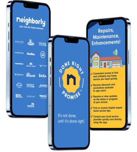 Three smartphones showing different content from the Neighborly app.