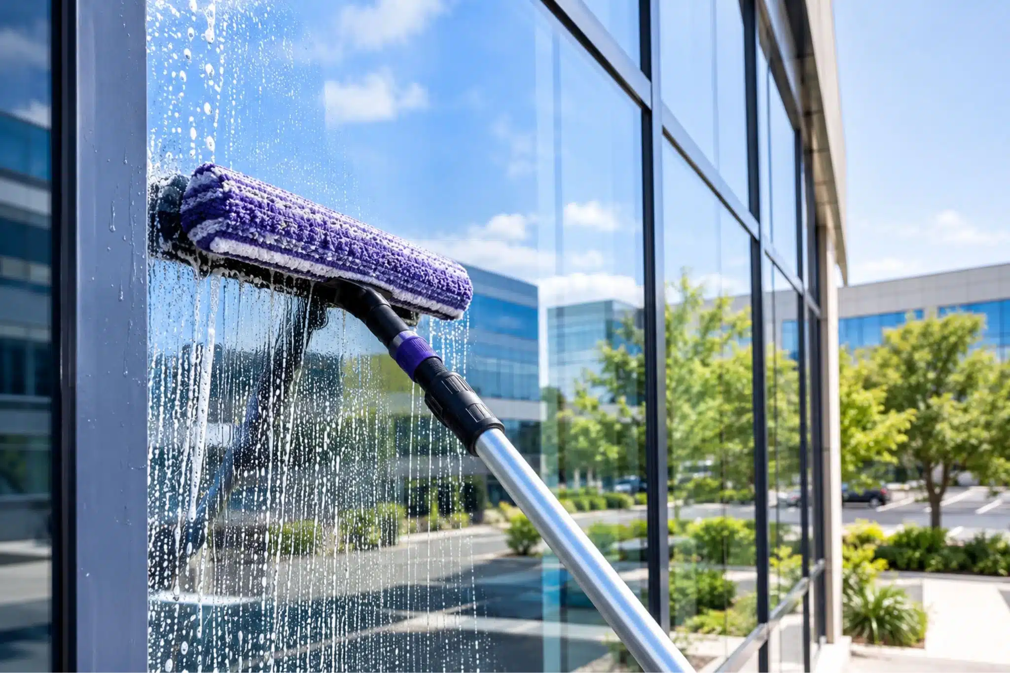 Commercial building window cleaning with a squeegee and soapy glass on a modern office building.