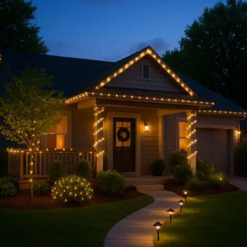 Outdoor lights illuminate a house.