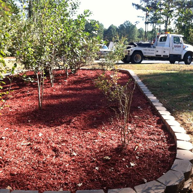 A Longview garden with plants planted with towing vehicle in the background.