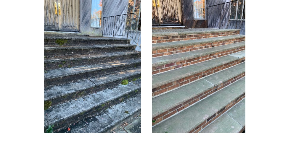 Pressure wash, soft wash, clean, dirty, mold, lichen, algae, stain, house, stone, pavers, fence