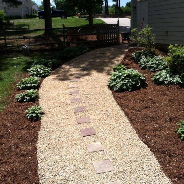 A pathway between the gardens