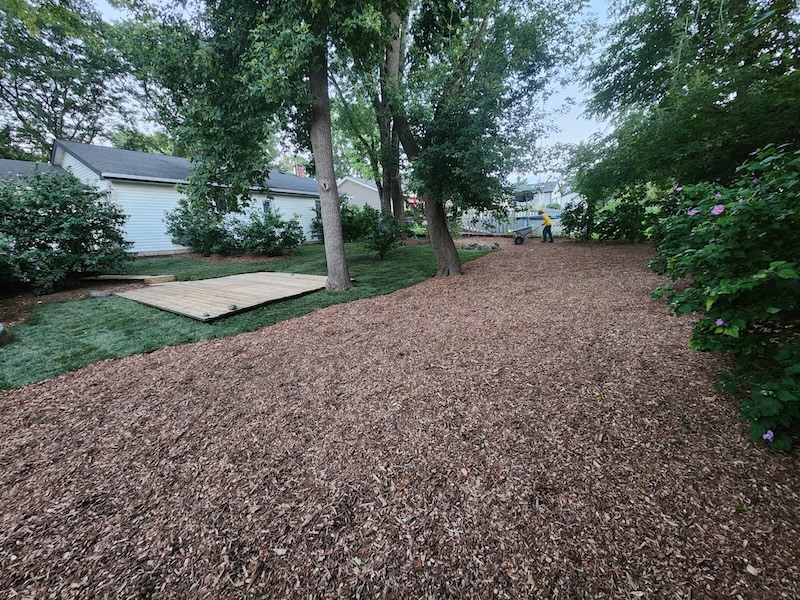 Backyard renovation with fresh mulch, new sod, and trimmed shrubs completed by The Grounds Guys of McHenry for improved landscaping design.