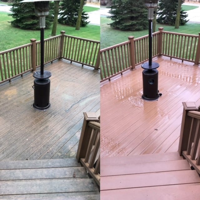 Composite deck cleaning before and after.