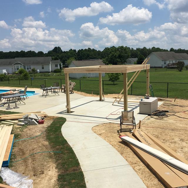 Construction is underway near a swimming pool.