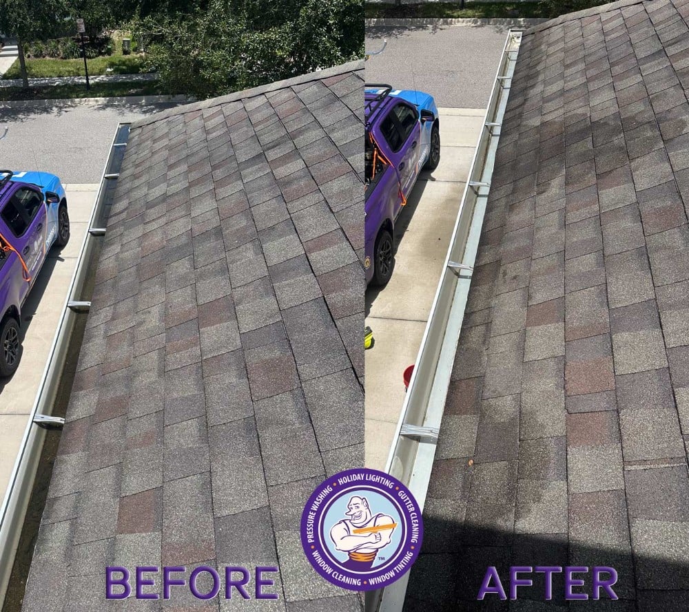 before and after image collage of a gutter clean