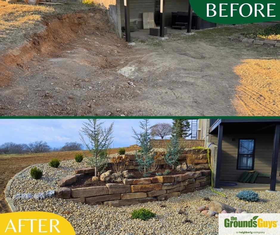 Grounds Guys of Union - Before and after images of a landscape transformation, showing an unfinished area in the before and a beautifully landscaped bed with stone walls and green shrubs in the after.