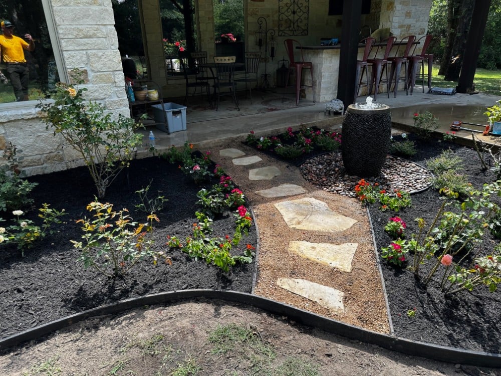 Landscape, Fountain, and flagstone & crushed granite path