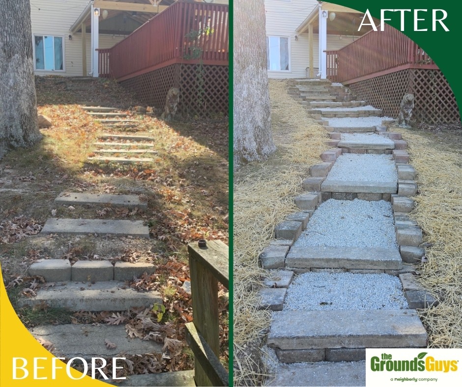 Grounds Guys of Union - Before and after photos of a client's natural stone walkway.