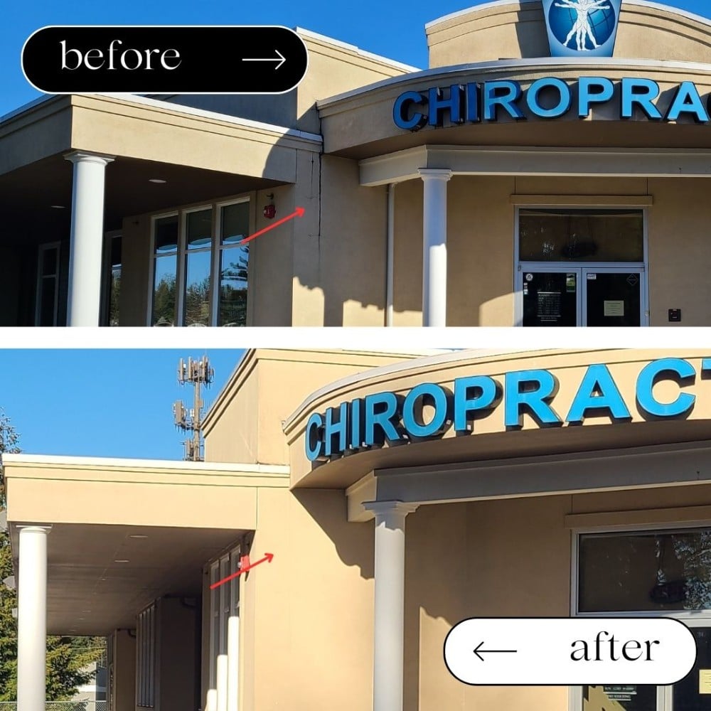 Before & after photo of a building pressure washed by The Grounds Guys.