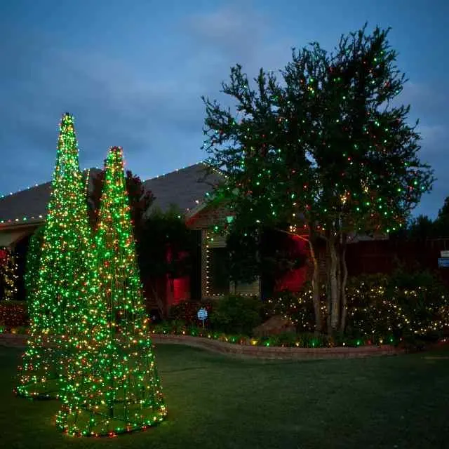 holiday lights in yard and house at night
