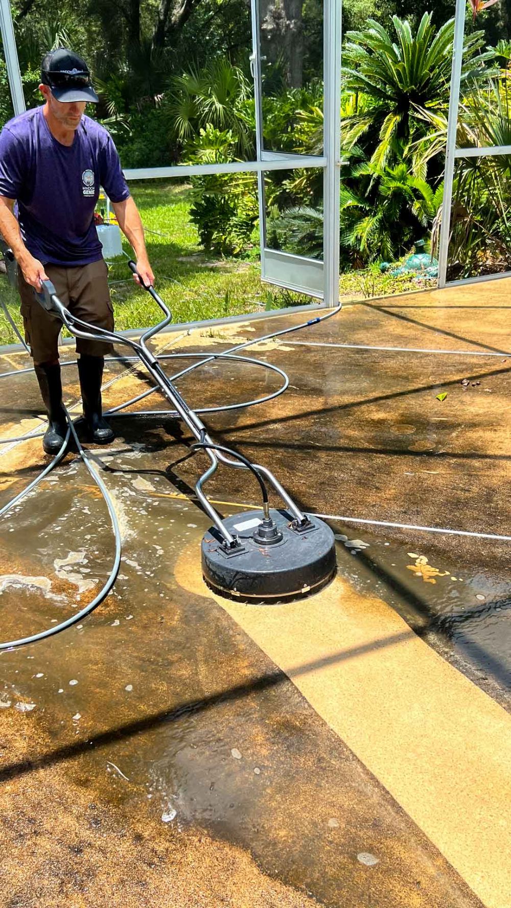 a Window Genie technician is using a surface cleaner to clean a very dirty pool deck.