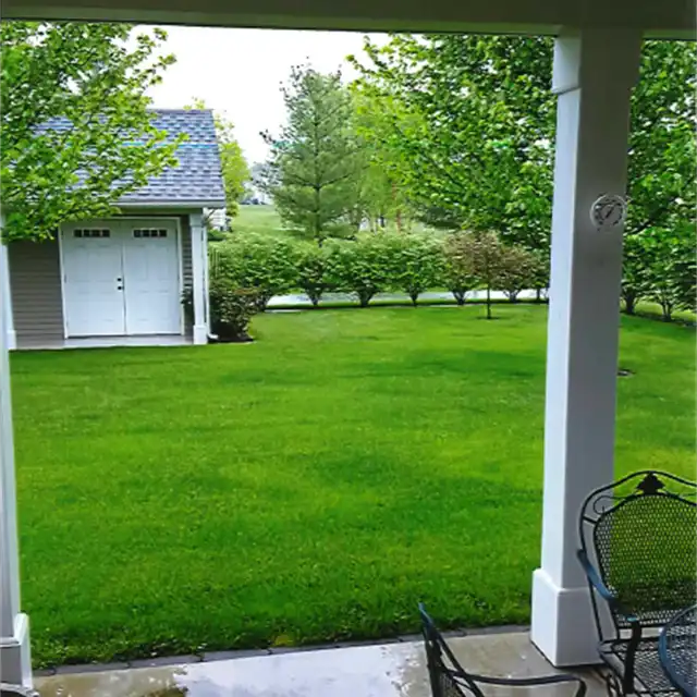 freshly manicured backyard with patio furniture
