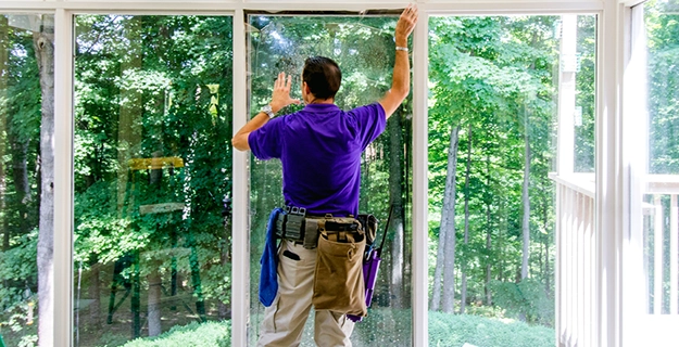 Window Genie service professional installing window film in a home.