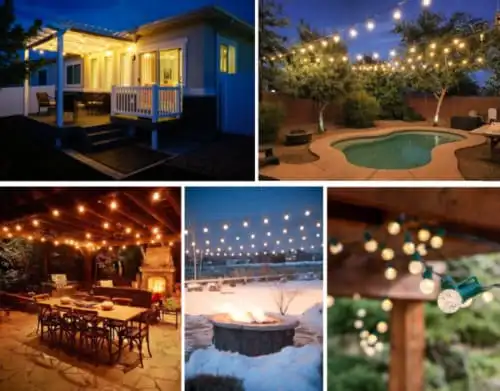 Examples of backyard patios lit with string lights.