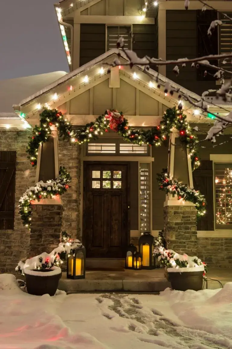 Exterior of home decorated for Christmas.