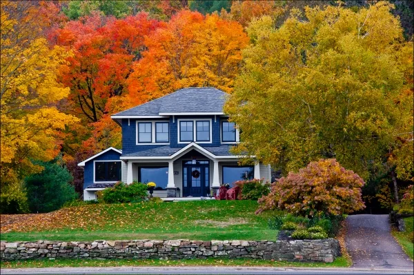 House in autumn with fallen leaves on the front lawn and trees with multi colored leaves in the background.