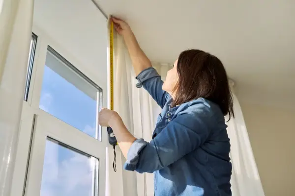 Woman using a tape measure to measure window for blinds.